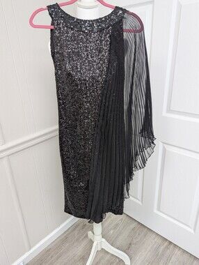 Pamella Roland Black Sequin Midi Dress with Pleated Shifon side
